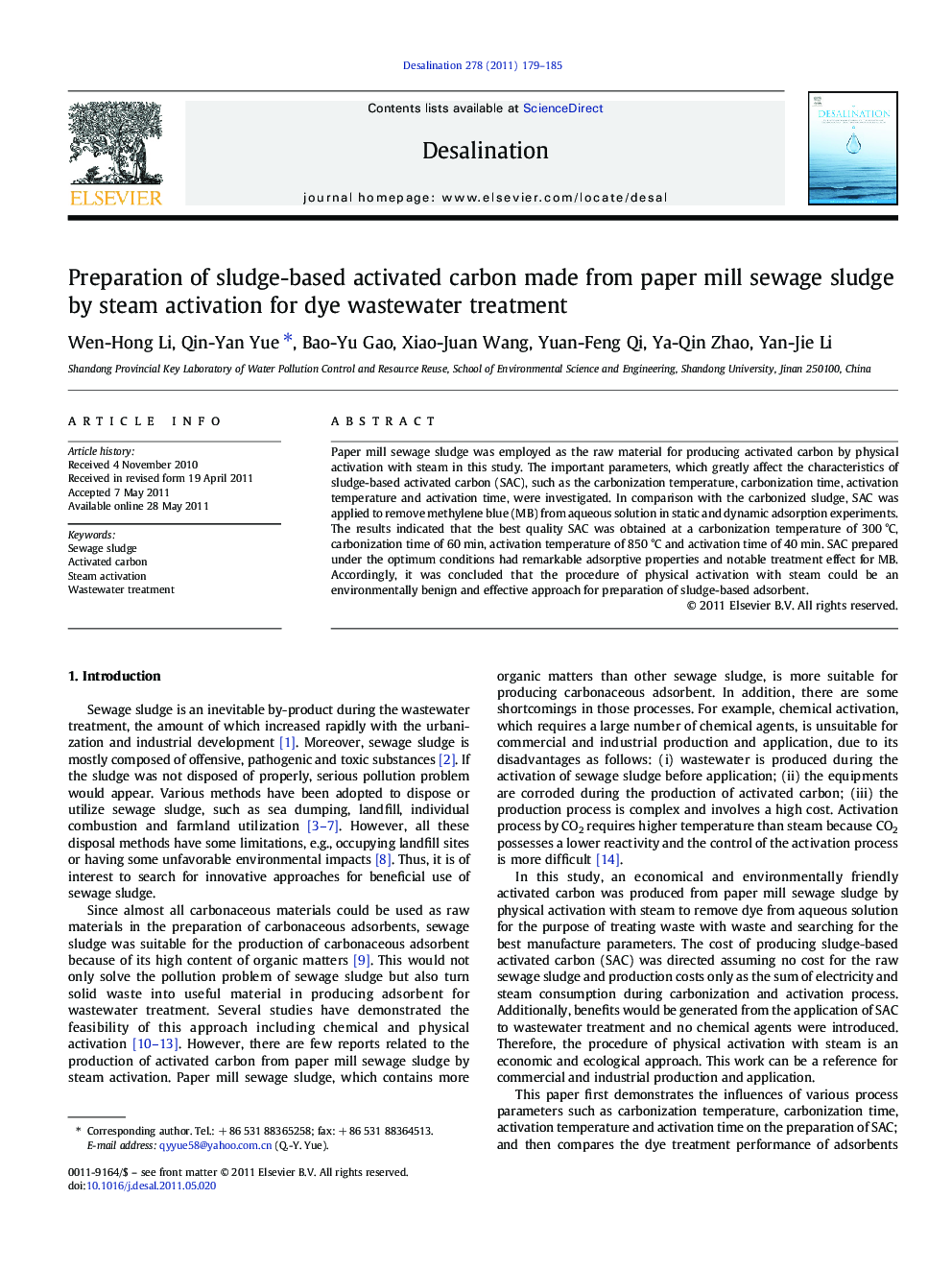 Preparation of sludge-based activated carbon made from paper mill sewage sludge by steam activation for dye wastewater treatment