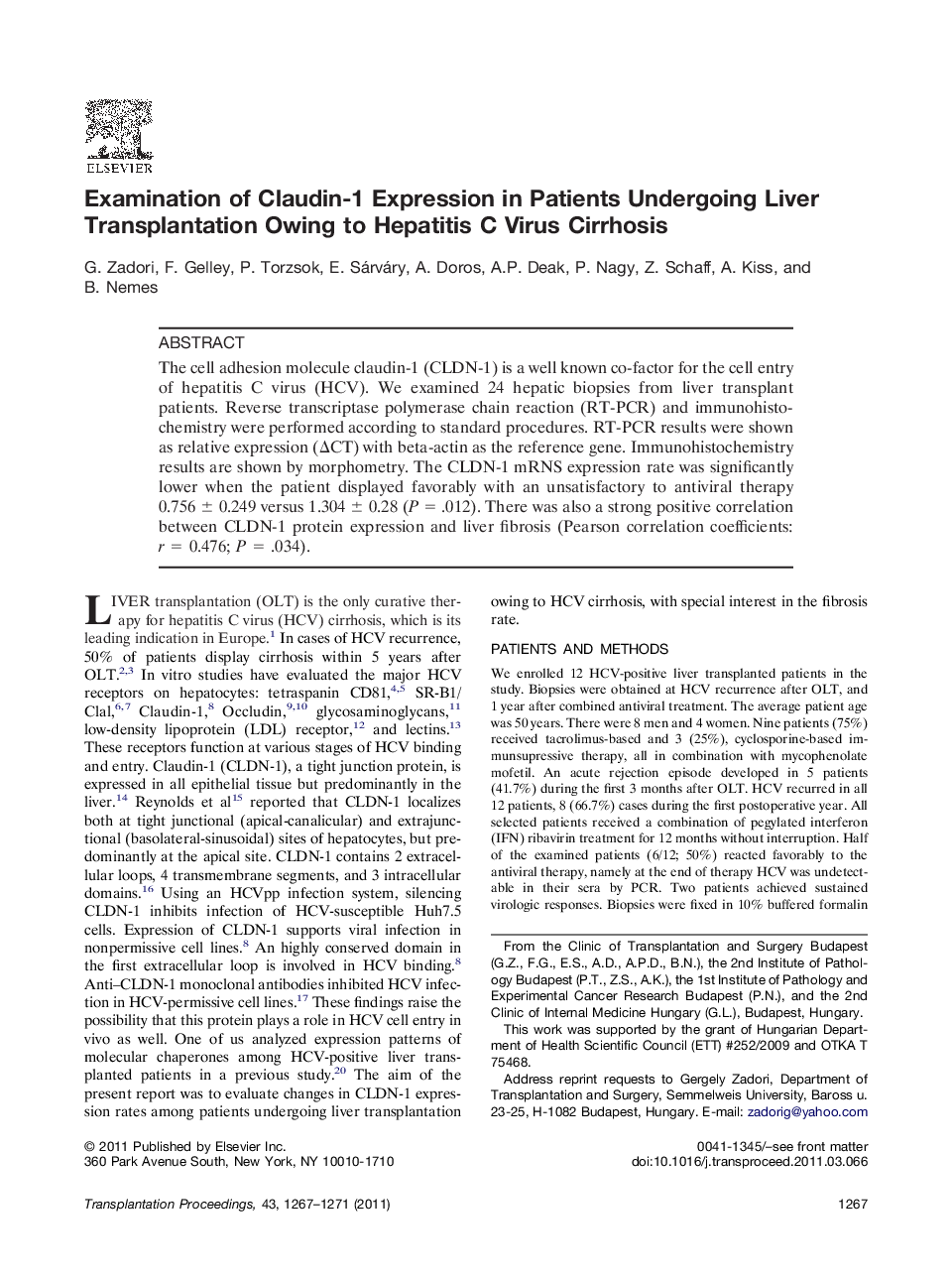 Liver transplantationExamination of Claudin-1 Expression in Patients Undergoing Liver Transplantation Owing to Hepatitis C Virus Cirrhosis