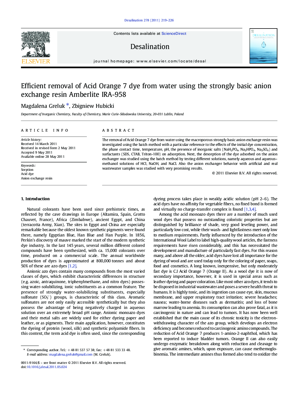 Efficient removal of Acid Orange 7 dye from water using the strongly basic anion exchange resin Amberlite IRA-958