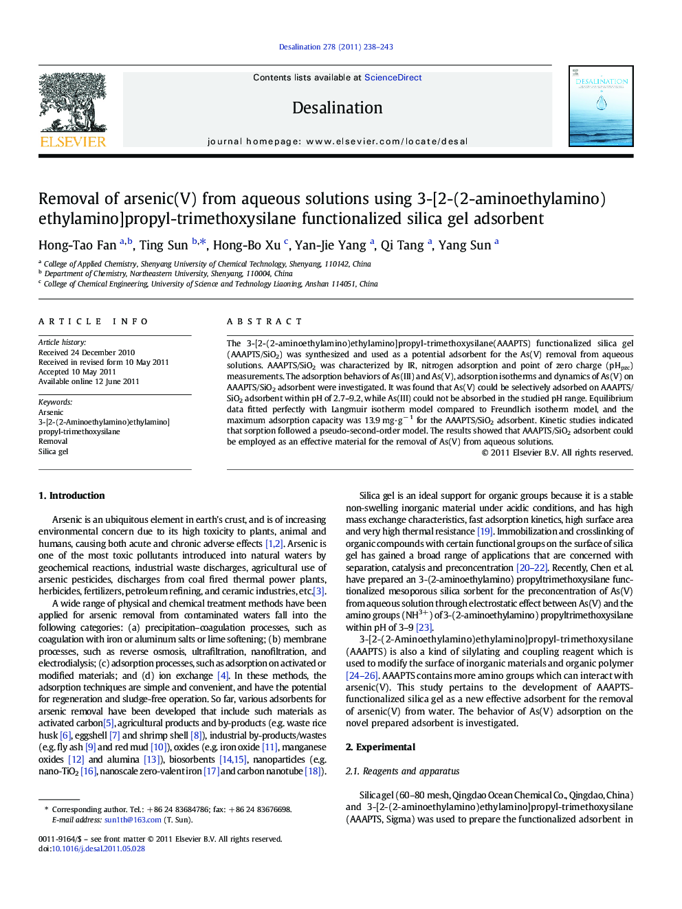 Removal of arsenic(V) from aqueous solutions using 3-[2-(2-aminoethylamino)ethylamino]propyl-trimethoxysilane functionalized silica gel adsorbent