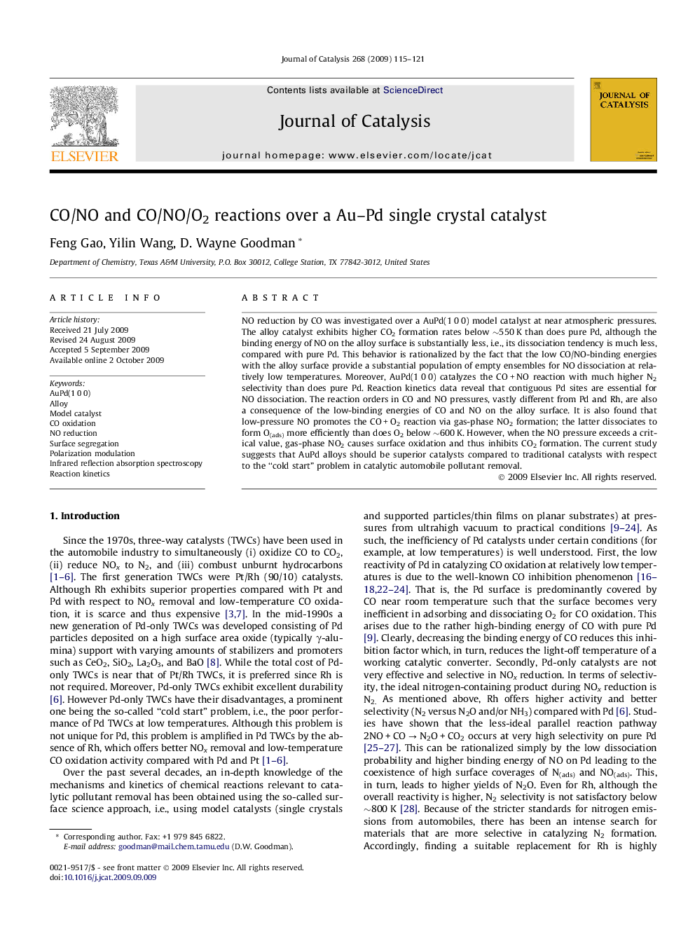 CO/NO and CO/NO/O2 reactions over a Au–Pd single crystal catalyst