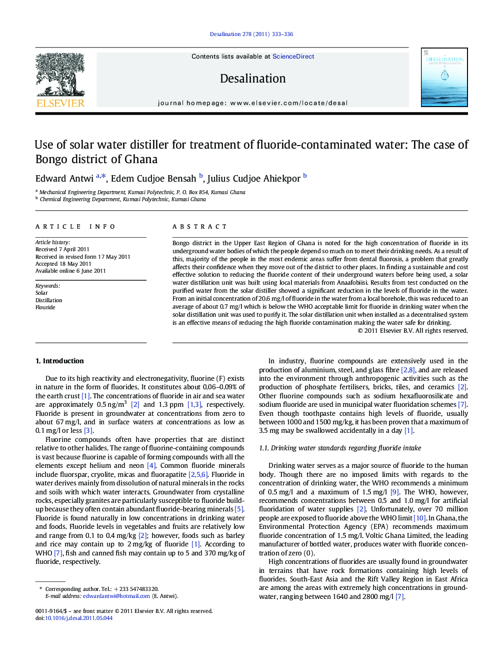 Use of solar water distiller for treatment of fluoride-contaminated water: The case of Bongo district of Ghana