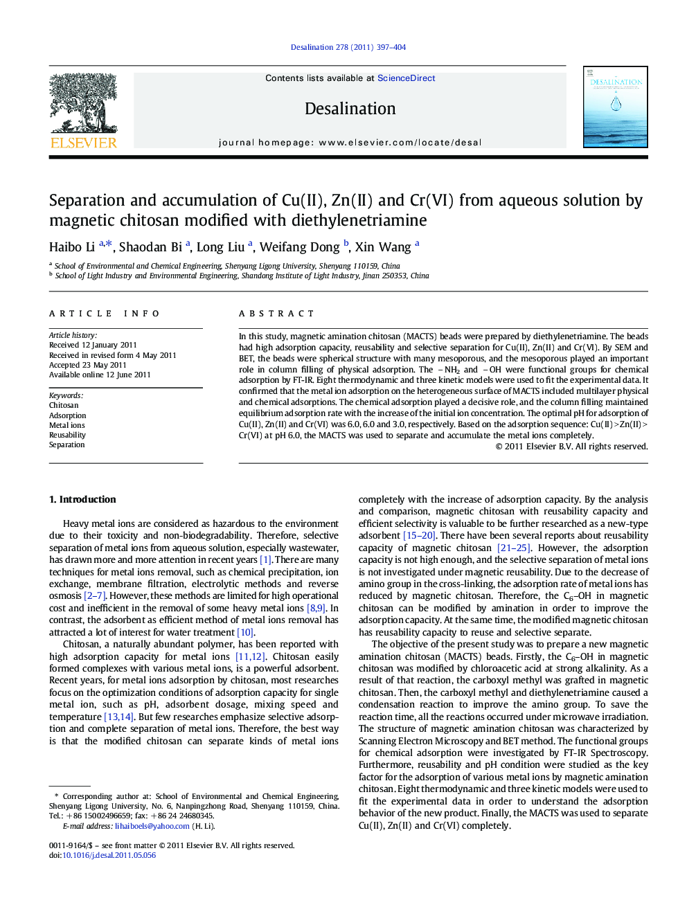 Separation and accumulation of Cu(II), Zn(II) and Cr(VI) from aqueous solution by magnetic chitosan modified with diethylenetriamine