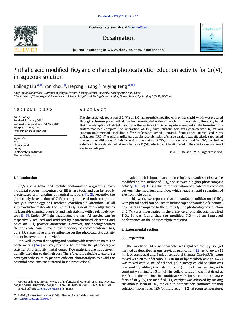 Phthalic acid modified TiO2 and enhanced photocatalytic reduction activity for Cr(VI) in aqueous solution