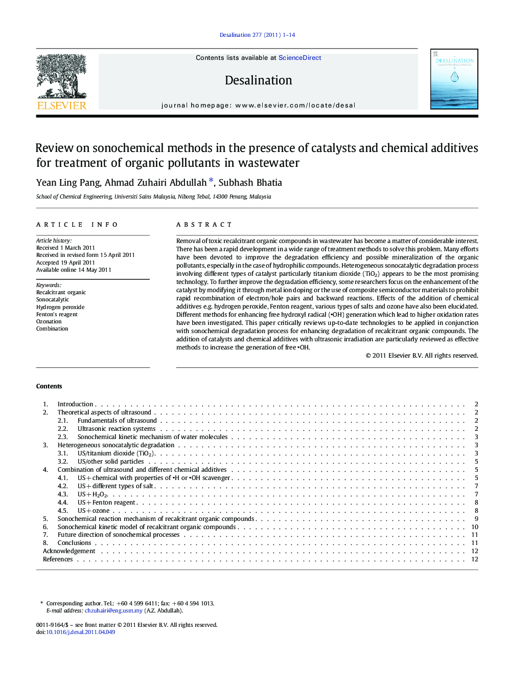 Review on sonochemical methods in the presence of catalysts and chemical additives for treatment of organic pollutants in wastewater