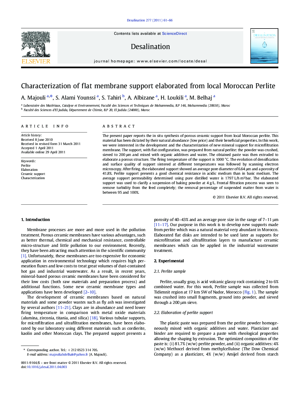 Characterization of flat membrane support elaborated from local Moroccan Perlite