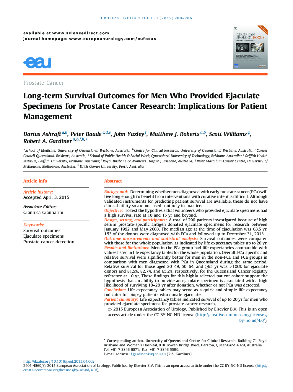 Prostate CancerLong-term Survival Outcomes for Men Who Provided Ejaculate Specimens for Prostate Cancer Research: Implications for Patient Management