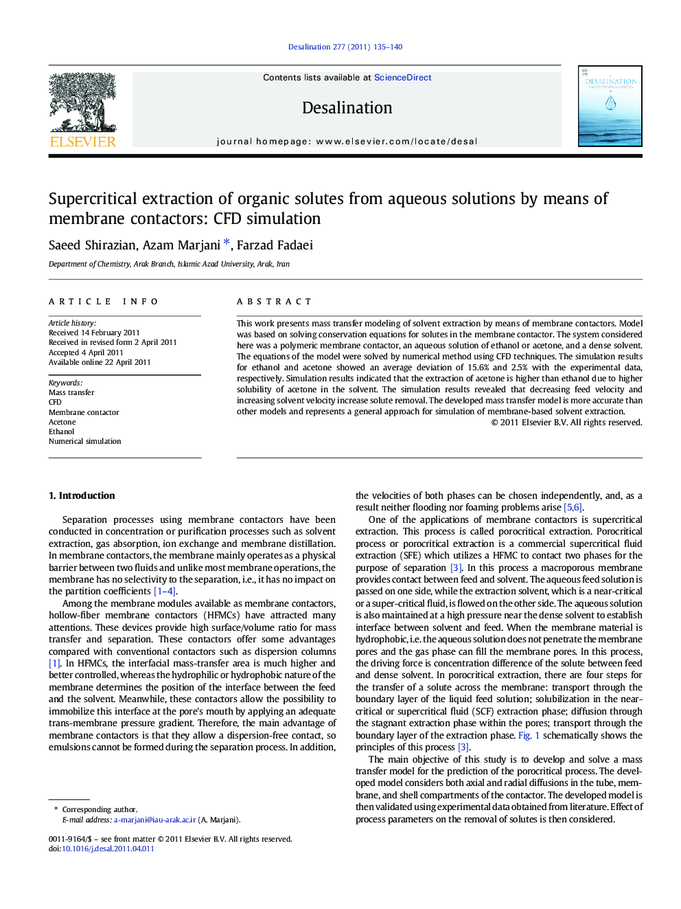 Supercritical extraction of organic solutes from aqueous solutions by means of membrane contactors: CFD simulation