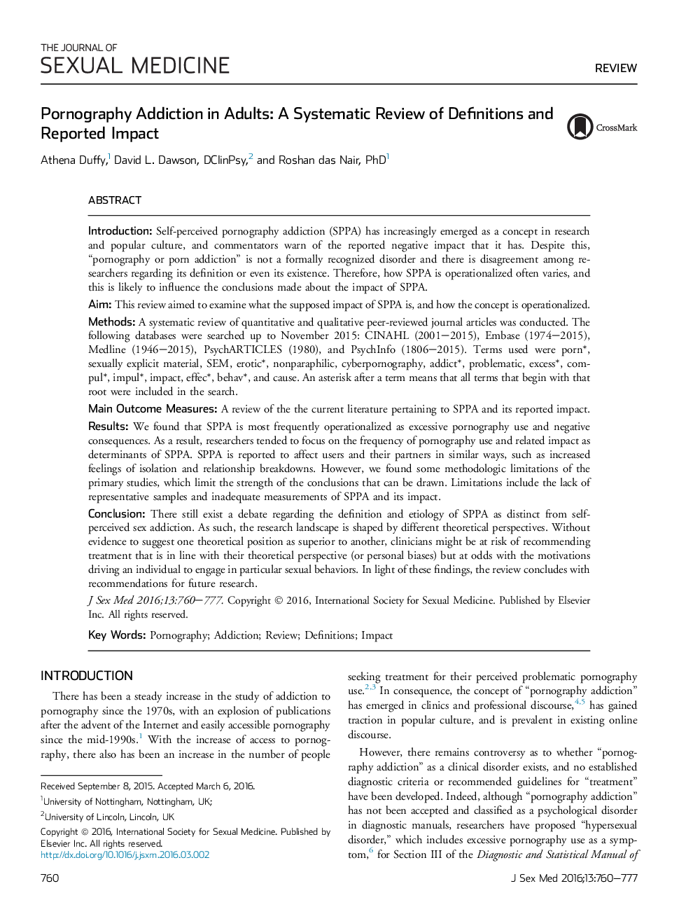 Pornography Addiction in Adults: A Systematic Review of Definitions and Reported Impact