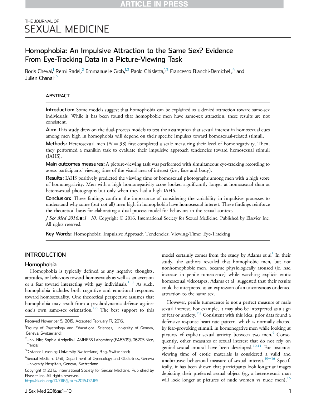 Homophobia: An Impulsive Attraction to the Same Sex? Evidence From Eye-Tracking Data in a Picture-Viewing Task