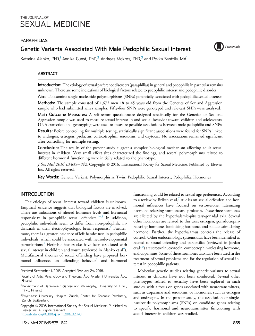 Genetic Variants Associated With Male Pedophilic Sexual Interest