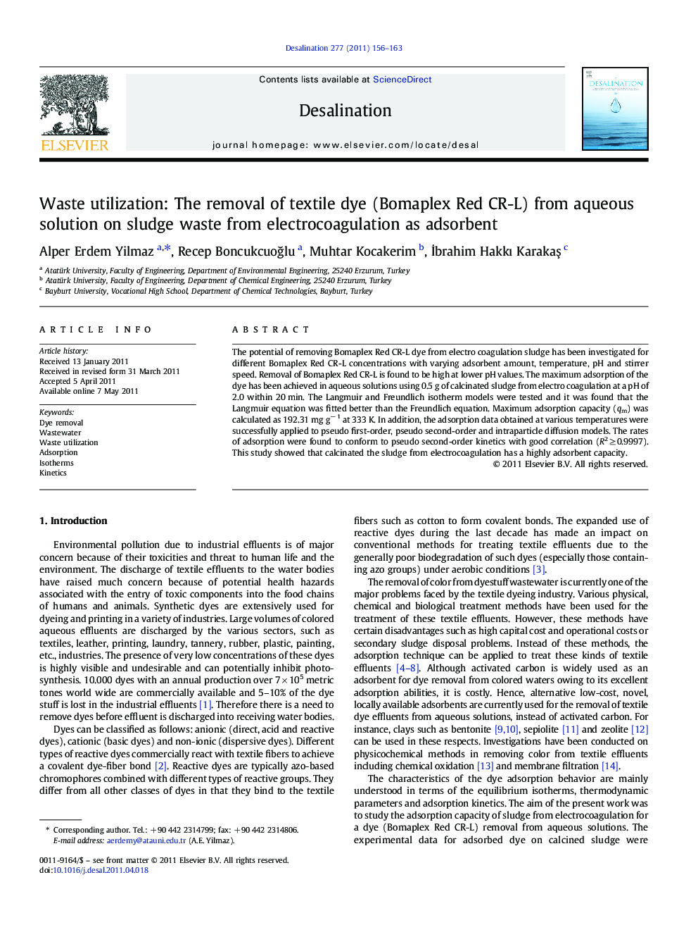 Waste utilization: The removal of textile dye (Bomaplex Red CR-L) from aqueous solution on sludge waste from electrocoagulation as adsorbent