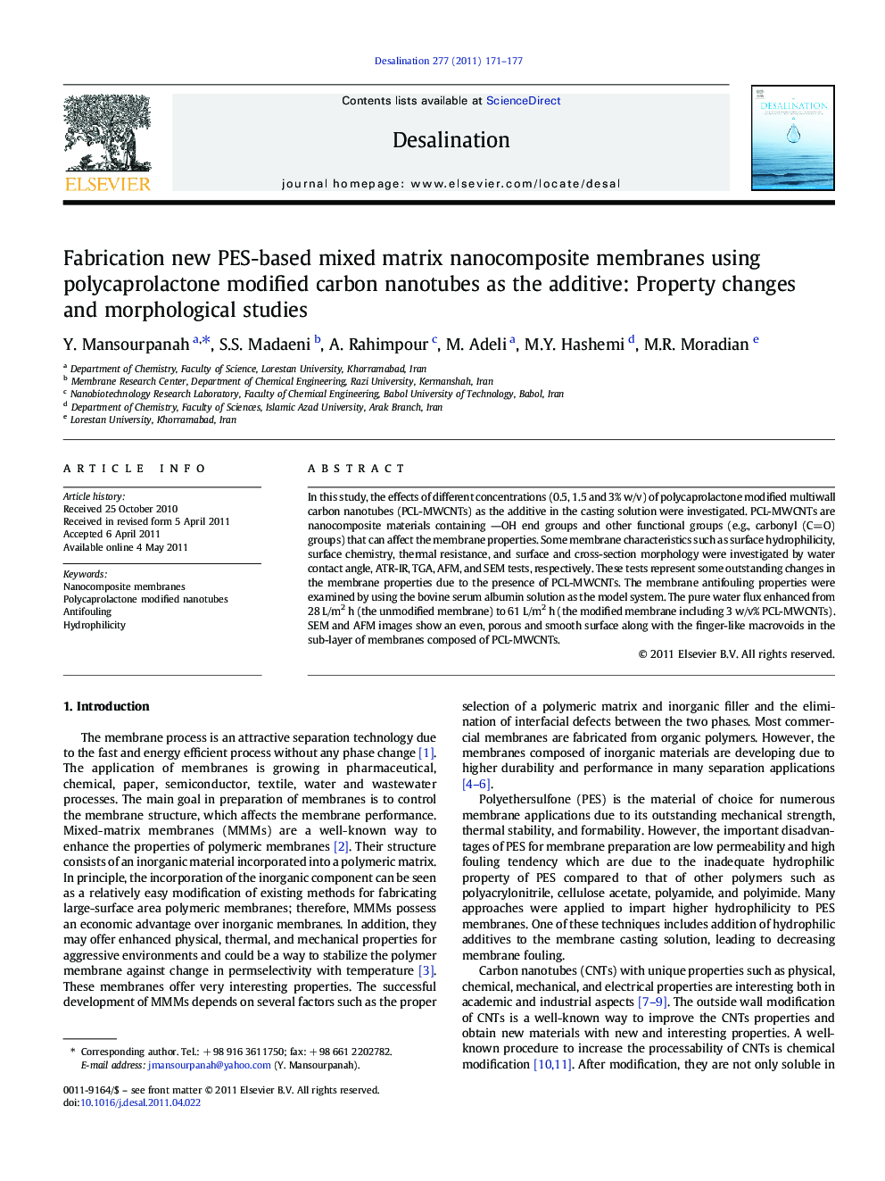 Fabrication new PES-based mixed matrix nanocomposite membranes using polycaprolactone modified carbon nanotubes as the additive: Property changes and morphological studies