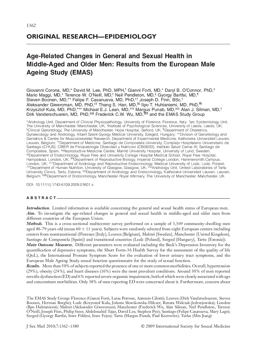 Age-Related Changes in General and Sexual Health in Middle-Aged and Older Men: Results from the European Male Ageing Study (EMAS)