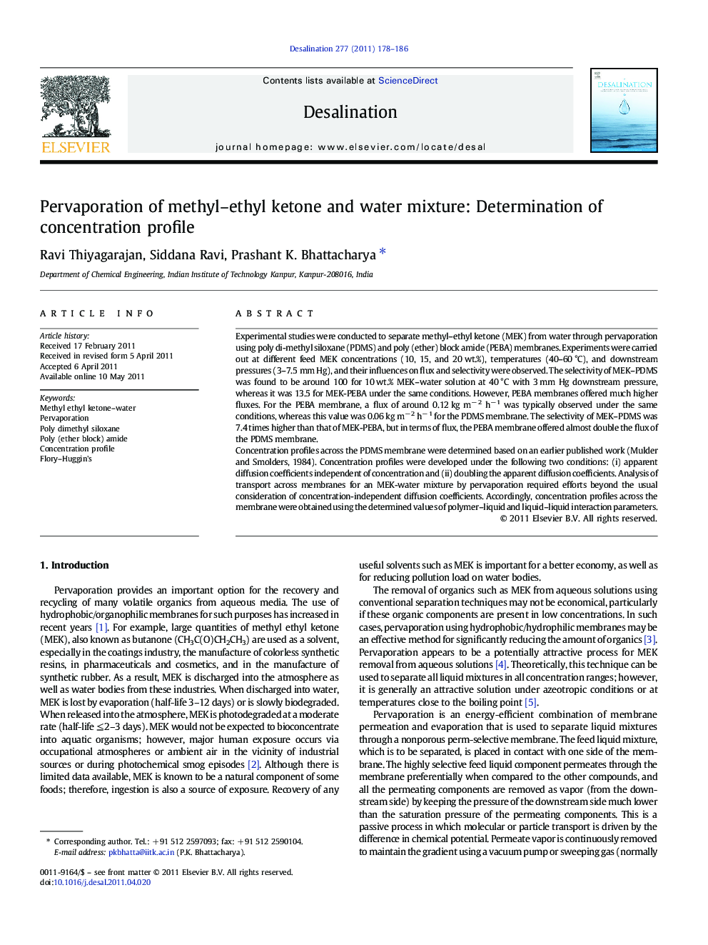 Pervaporation of methyl–ethyl ketone and water mixture: Determination of concentration profile