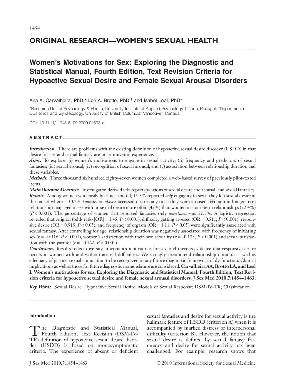 Women's Motivations for Sex: Exploring the Diagnostic and Statistical Manual, Fourth Edition, Text Revision Criteria for Hypoactive Sexual Desire and Female Sexual Arousal Disorders
