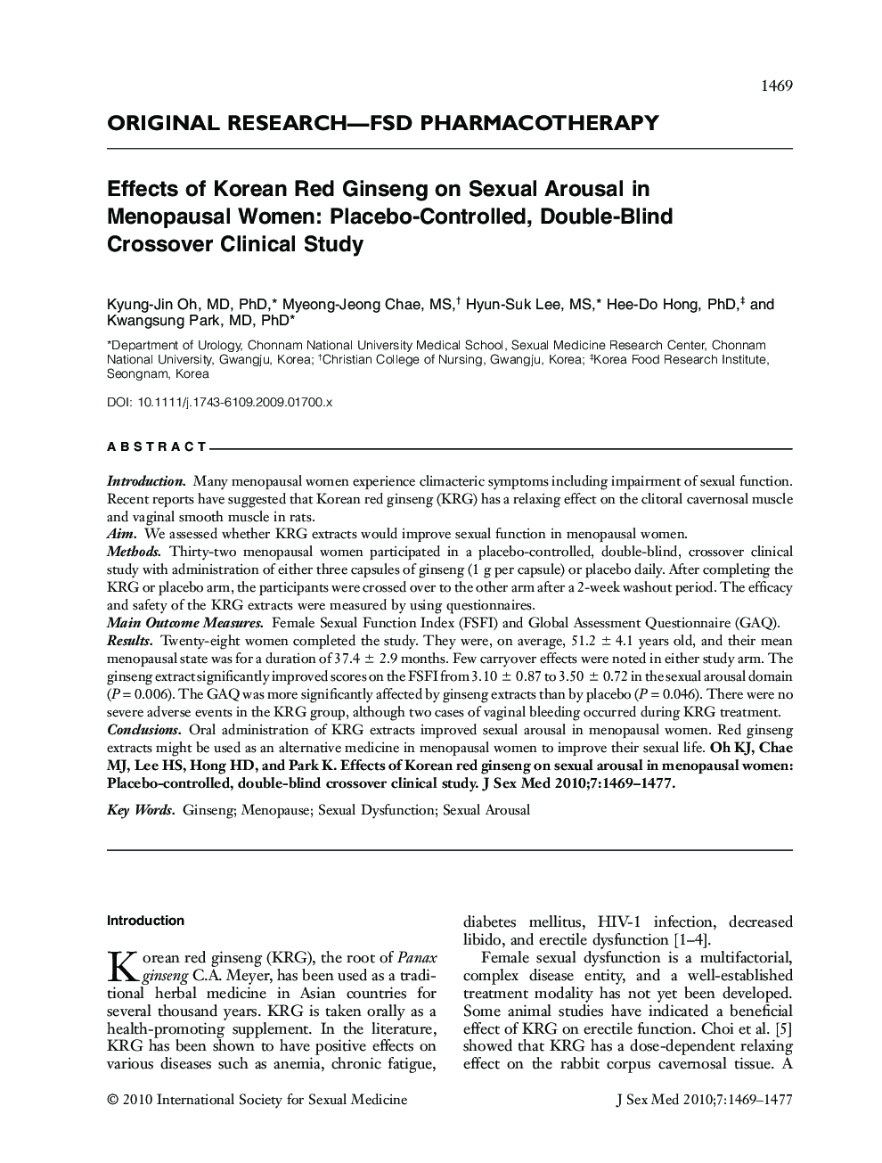 Effects of Korean Red Ginseng on Sexual Arousal in Menopausal Women: Placebo-Controlled, Double-Blind Crossover Clinical Study