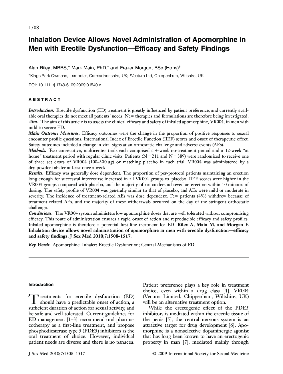 Inhalation Device Allows Novel Administration of Apomorphine in Men with Erectile Dysfunction-Efficacy and Safety Findings