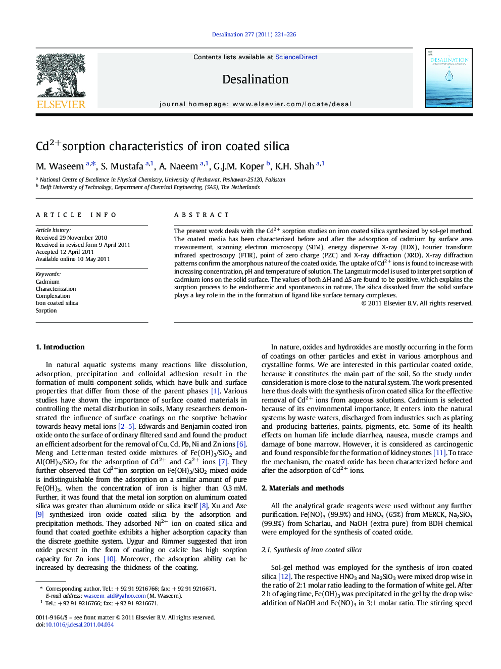 Cd2+sorption characteristics of iron coated silica