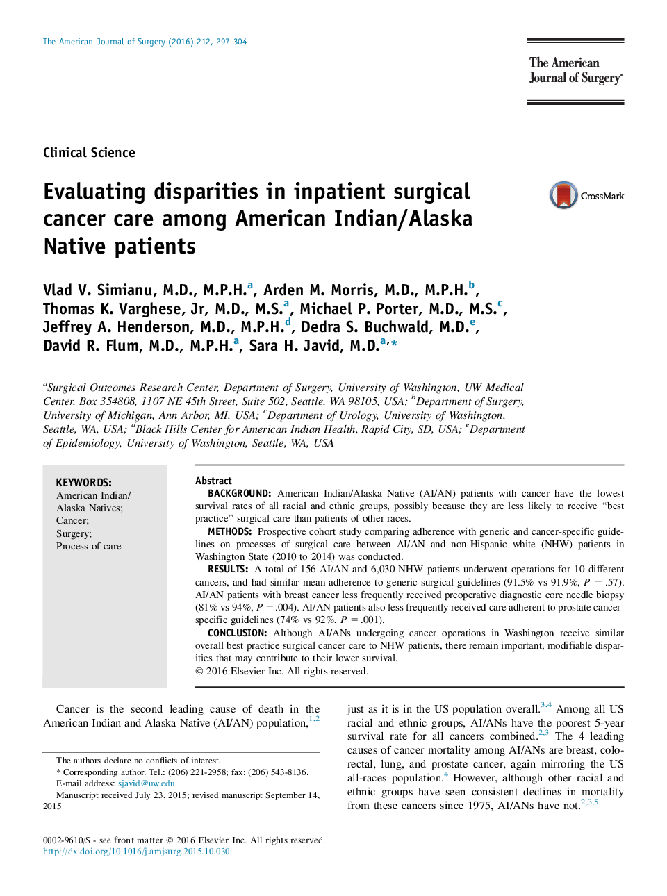 Clinical ScienceEvaluating disparities in inpatient surgical cancer care among American Indian/Alaska Native patients