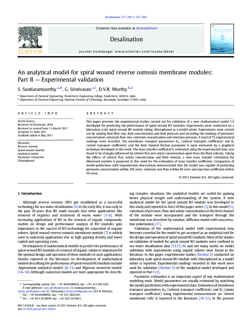 An analytical model for spiral wound reverse osmosis membrane modules: Part II — Experimental validation