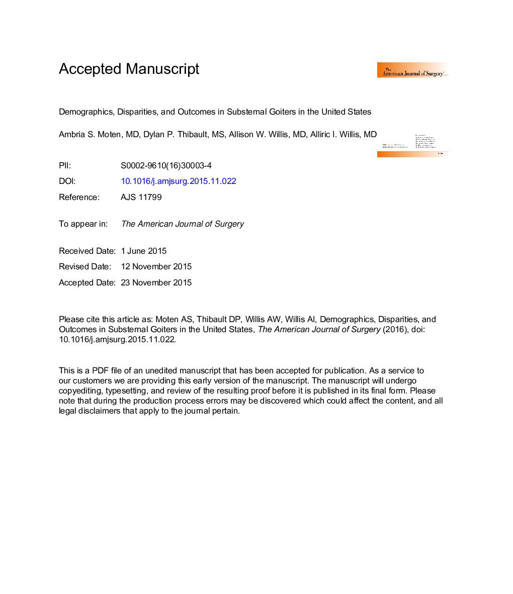 Demographics, disparities, and outcomes in substernal goiters in the United States