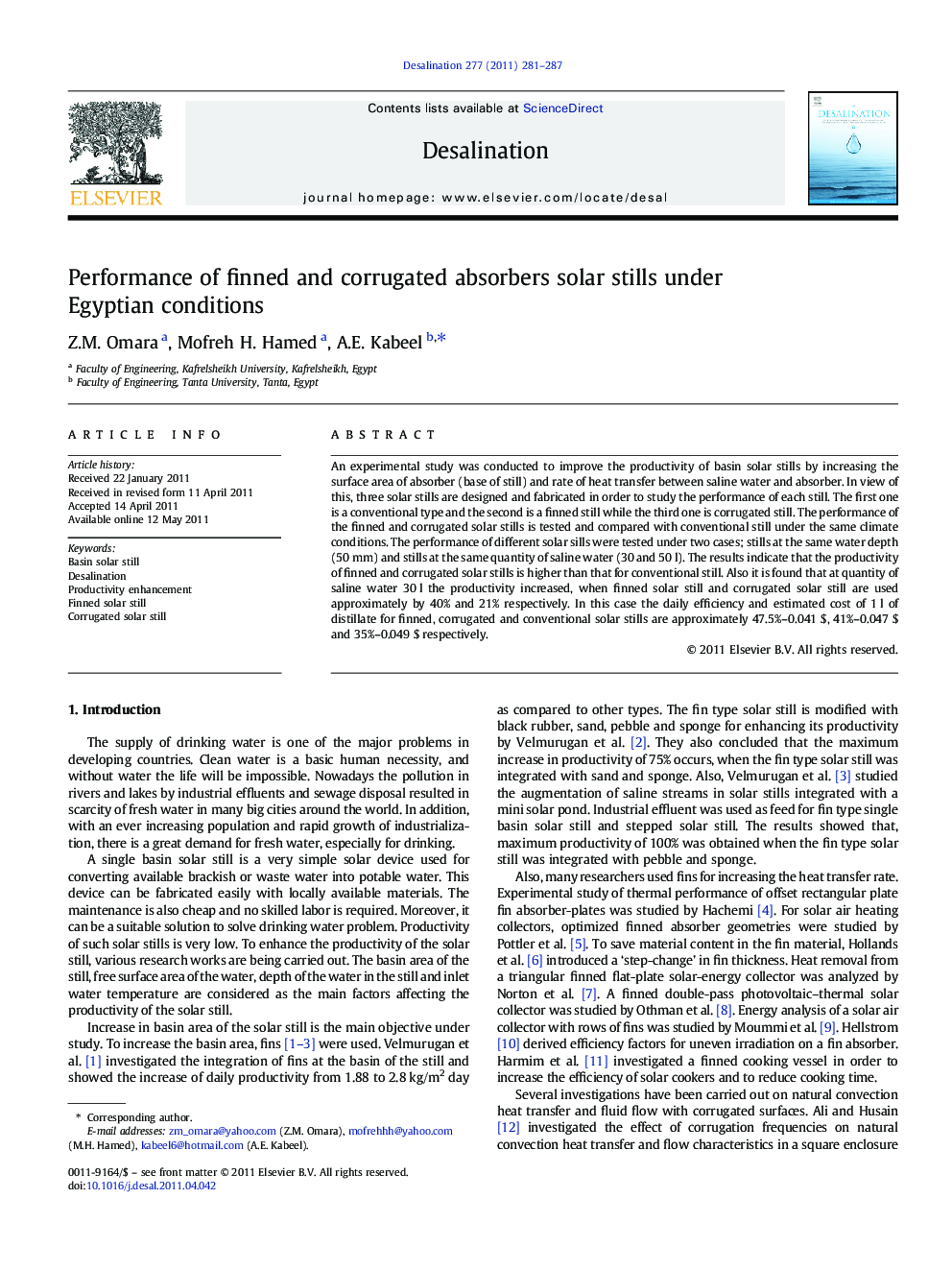 Performance of finned and corrugated absorbers solar stills under Egyptian conditions