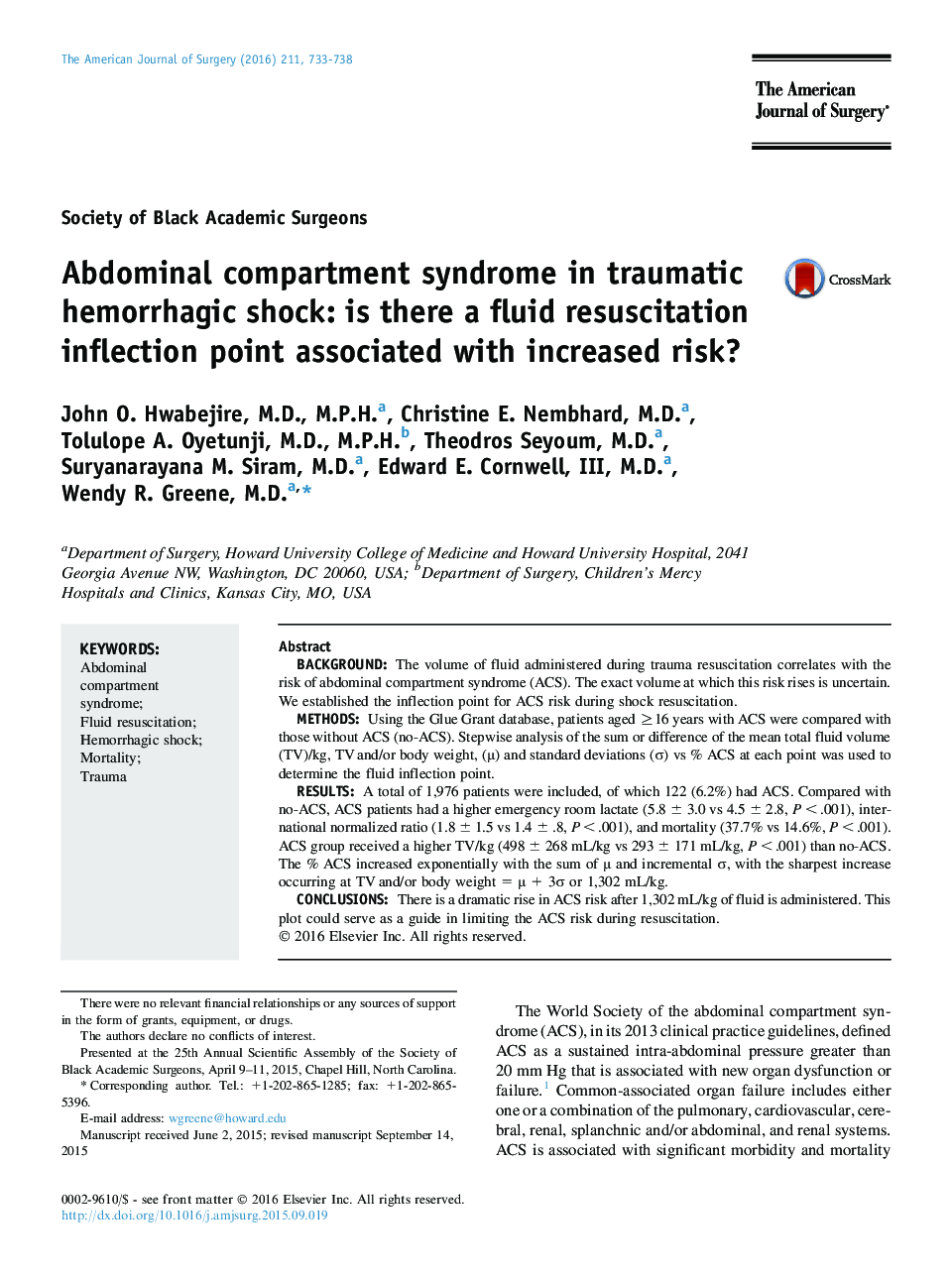 Society of Black Academic SurgeonsAbdominal compartment syndrome in traumatic hemorrhagic shock: is there a fluid resuscitation inflection point associated with increased risk?