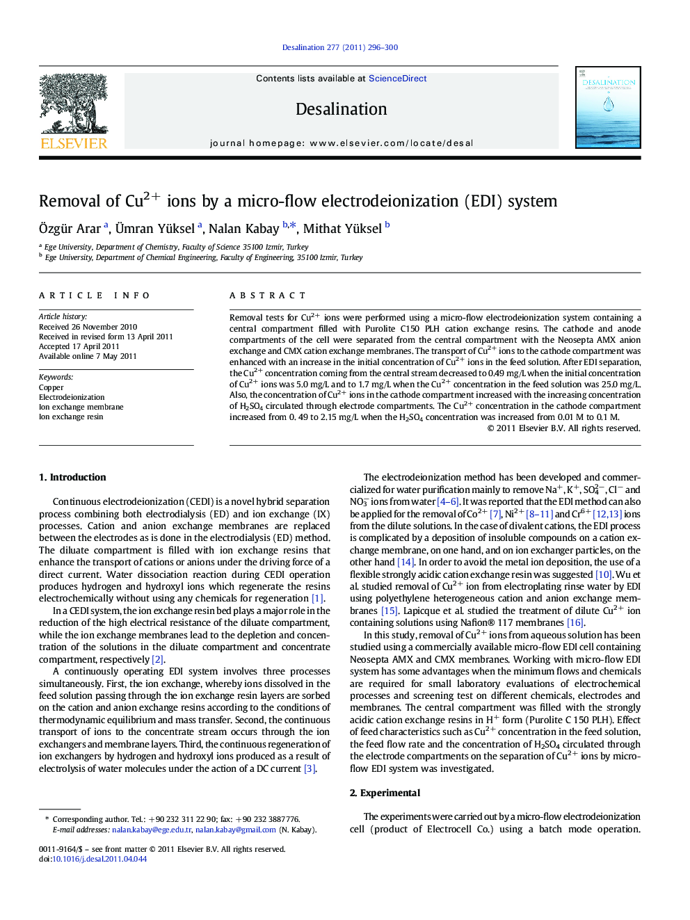 Removal of Cu2+ ions by a micro-flow electrodeionization (EDI) system