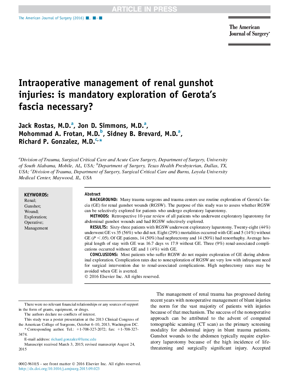 Intraoperative management of renal gunshot injuries: is mandatory exploration of Gerota's fascia necessary?