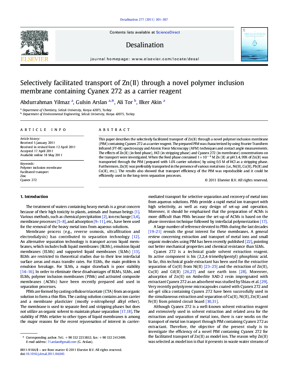 Selectively facilitated transport of Zn(II) through a novel polymer inclusion membrane containing Cyanex 272 as a carrier reagent