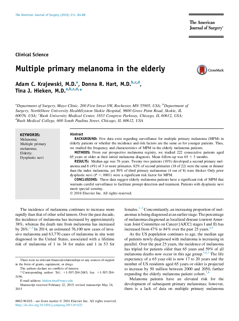 Clinical ScienceMultiple primary melanoma in the elderly