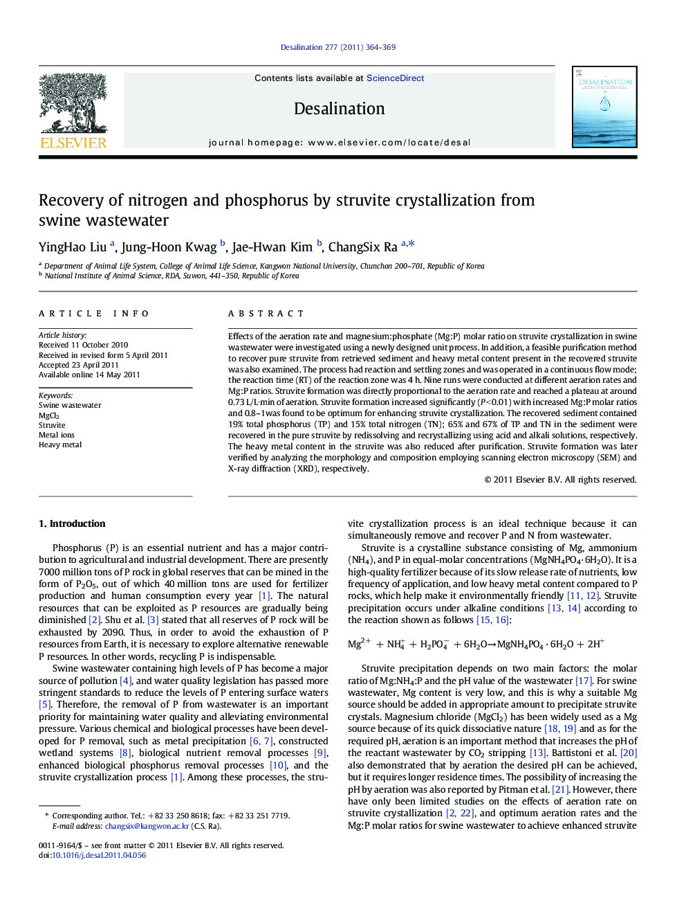 Recovery of nitrogen and phosphorus by struvite crystallization from swine wastewater