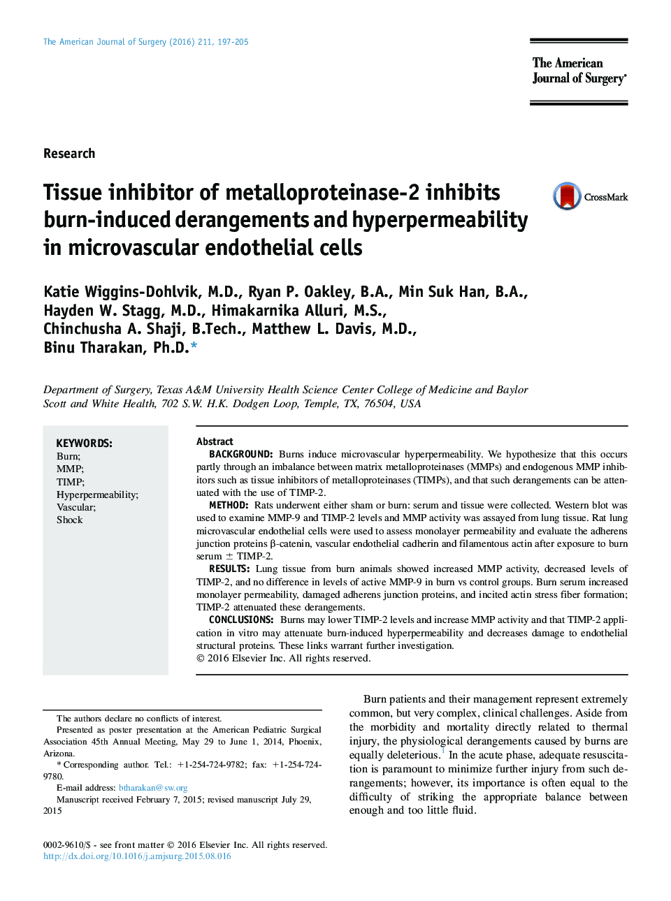 ResearchTissue inhibitor of metalloproteinase-2 inhibits burn-induced derangements and hyperpermeability in microvascular endothelial cells