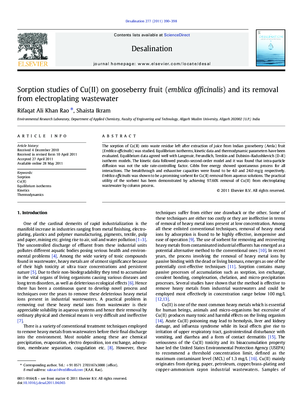 Sorption studies of Cu(II) on gooseberry fruit (emblica officinalis) and its removal from electroplating wastewater