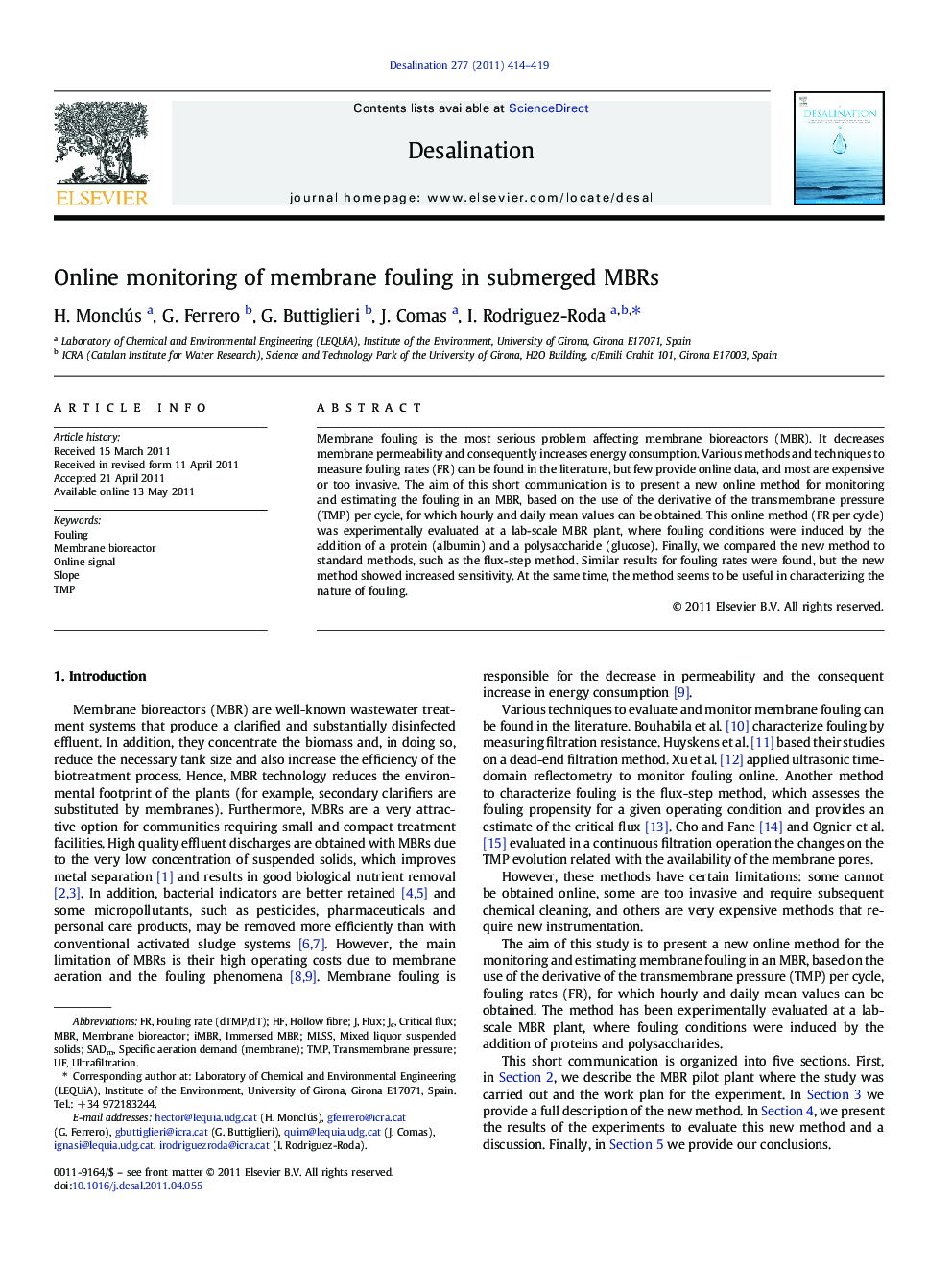 Online monitoring of membrane fouling in submerged MBRs