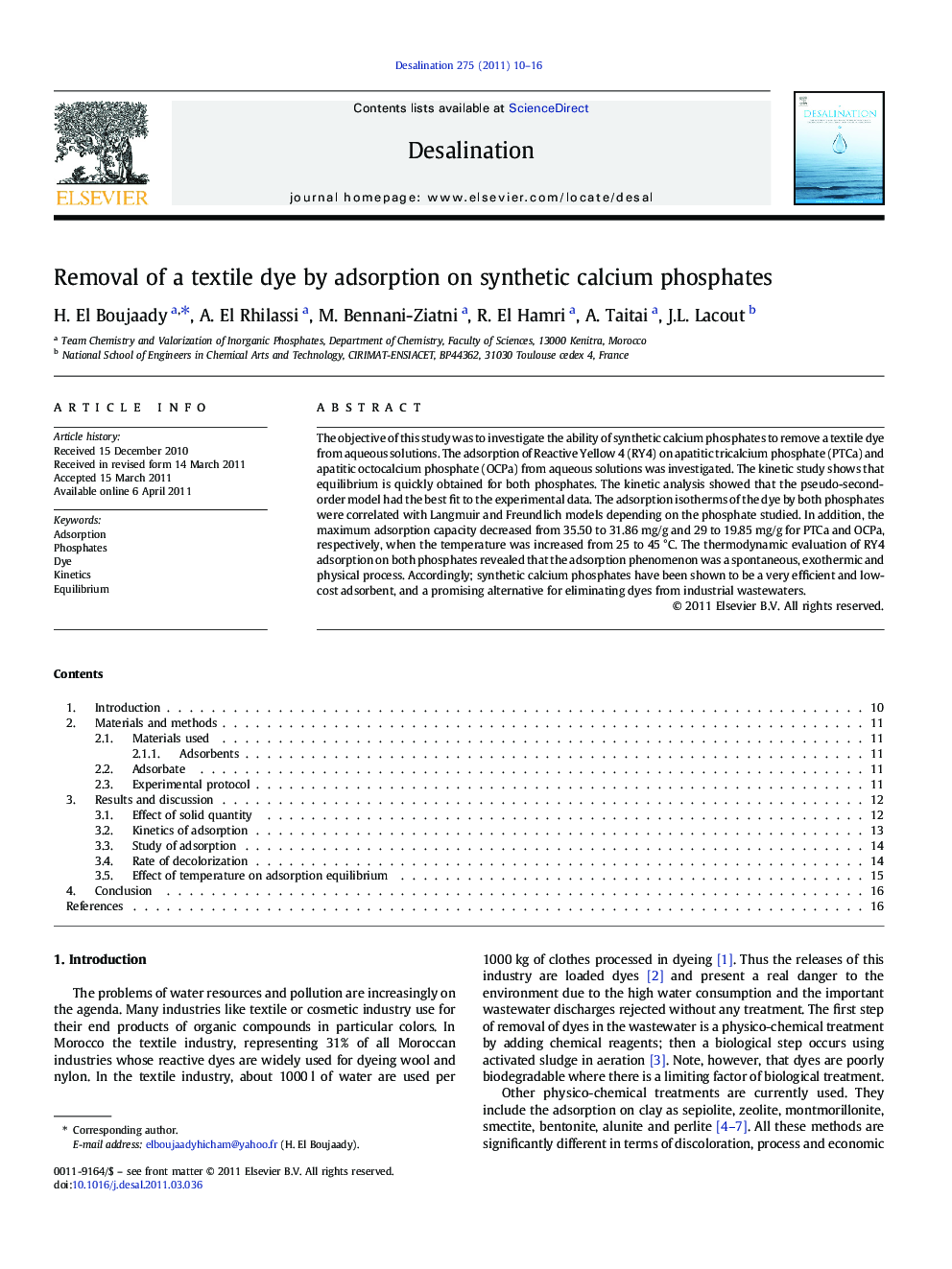 Removal of a textile dye by adsorption on synthetic calcium phosphates