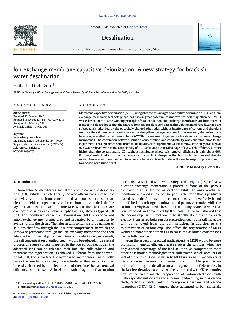 Ion-exchange membrane capacitive deionization: A new strategy for brackish water desalination