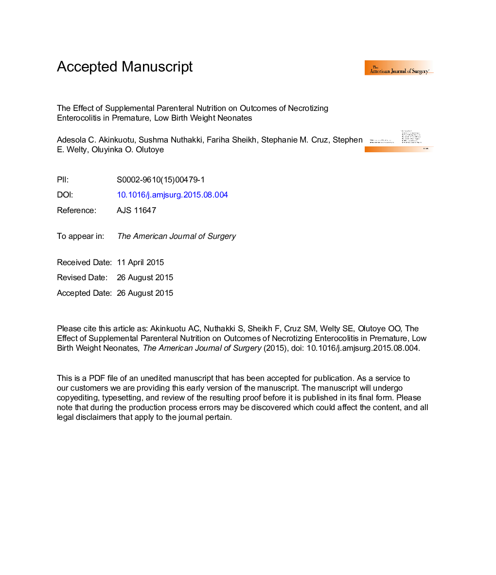 The effect of supplemental parenteral nutrition on outcomes of necrotizing enterocolitis in premature, low birth weight neonates