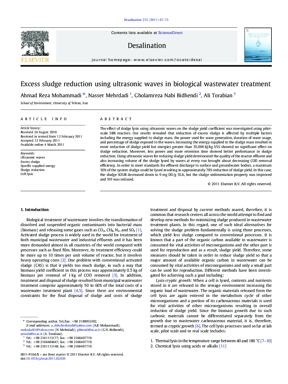 Excess sludge reduction using ultrasonic waves in biological wastewater treatment