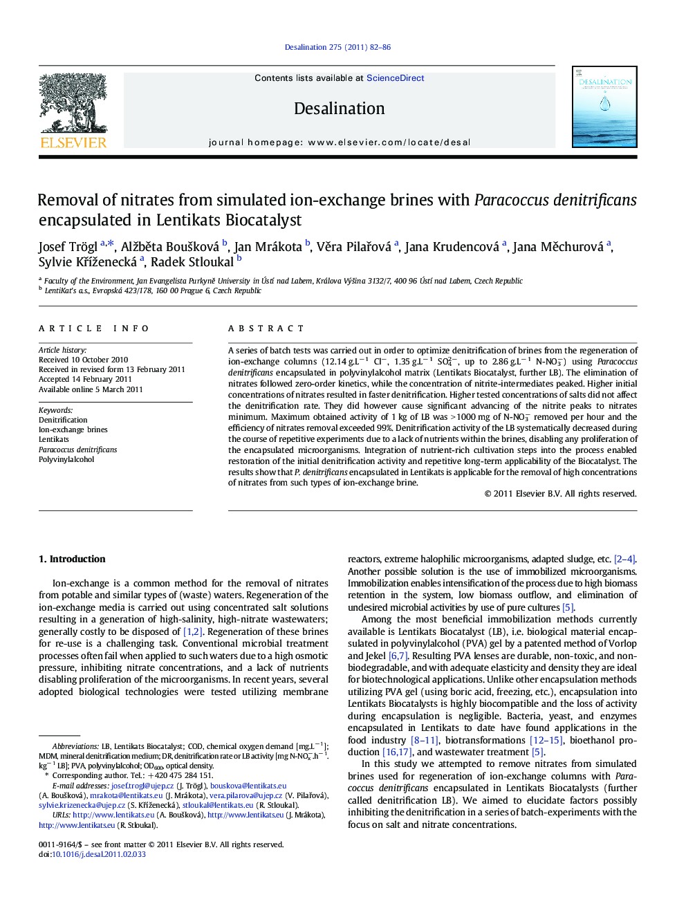 Removal of nitrates from simulated ion-exchange brines with Paracoccus denitrificans encapsulated in Lentikats Biocatalyst