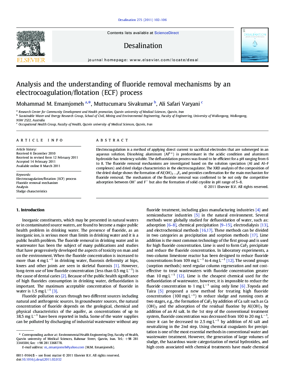 Analysis and the understanding of fluoride removal mechanisms by an electrocoagulation/flotation (ECF) process