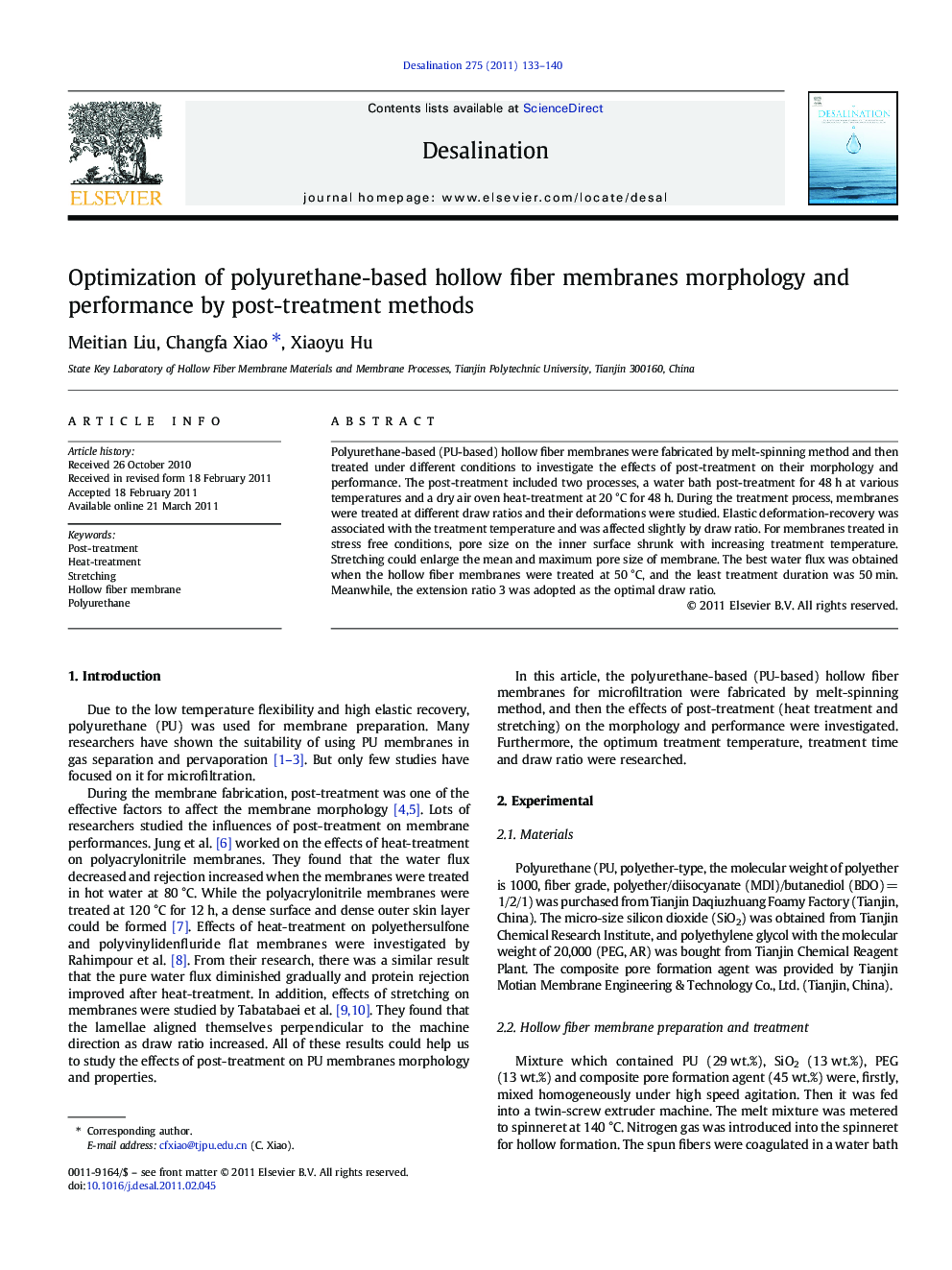 Optimization of polyurethane-based hollow fiber membranes morphology and performance by post-treatment methods