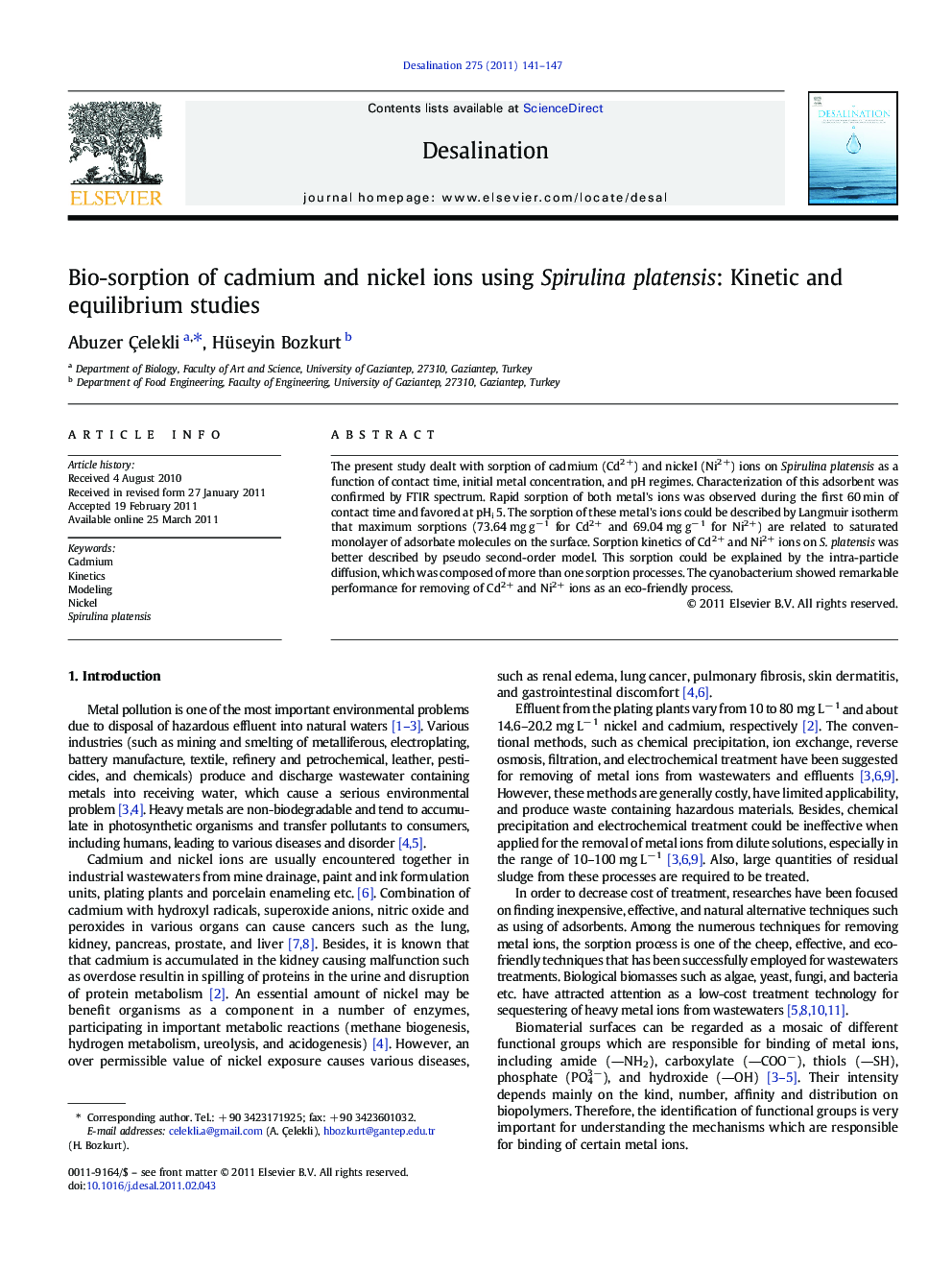 Bio-sorption of cadmium and nickel ions using Spirulina platensis: Kinetic and equilibrium studies