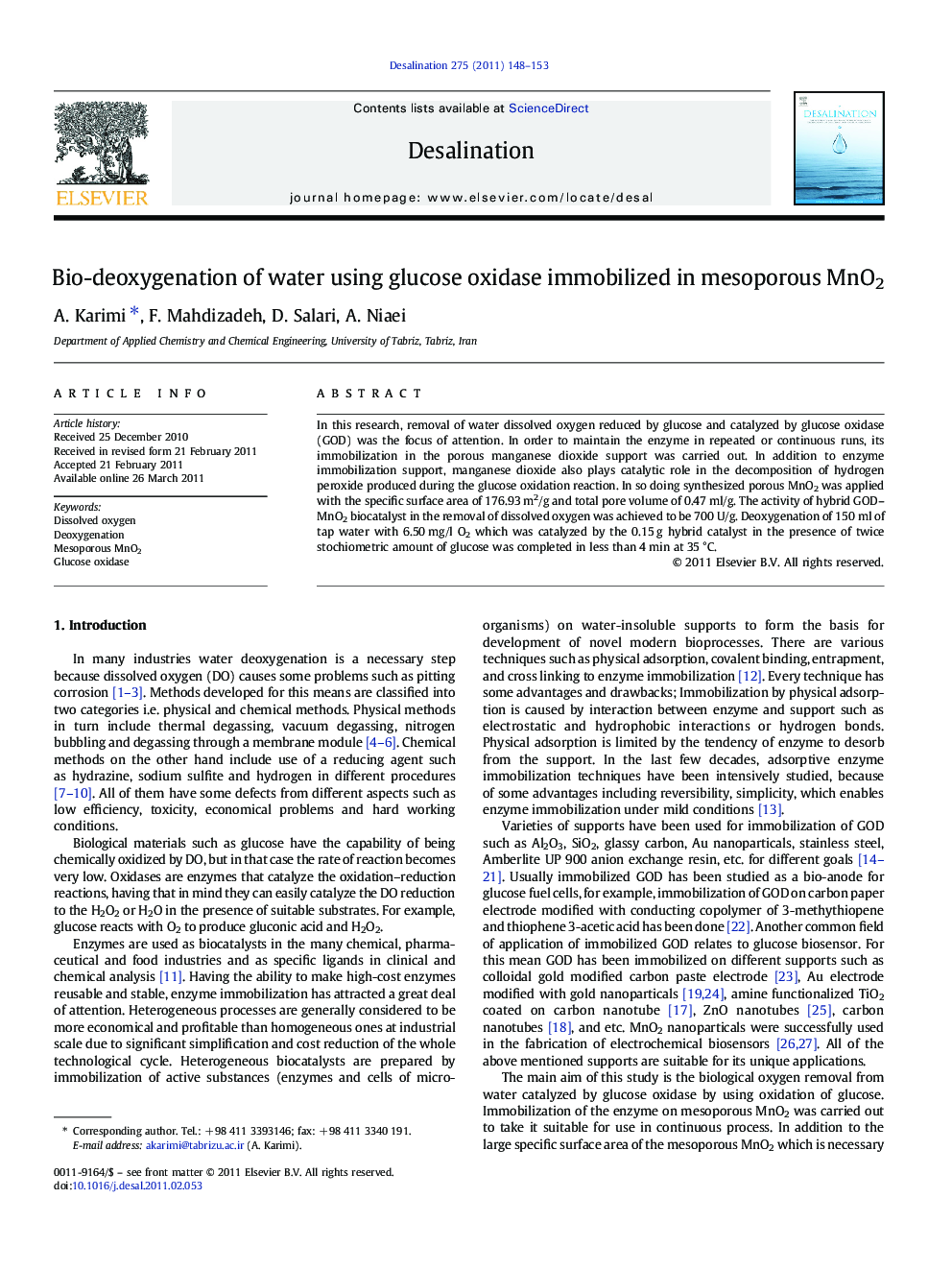 Bio-deoxygenation of water using glucose oxidase immobilized in mesoporous MnO2