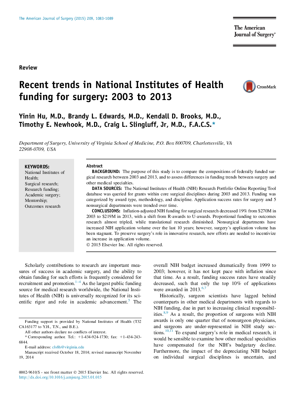 ReviewRecent trends in National Institutes of Health funding for surgery: 2003 to 2013