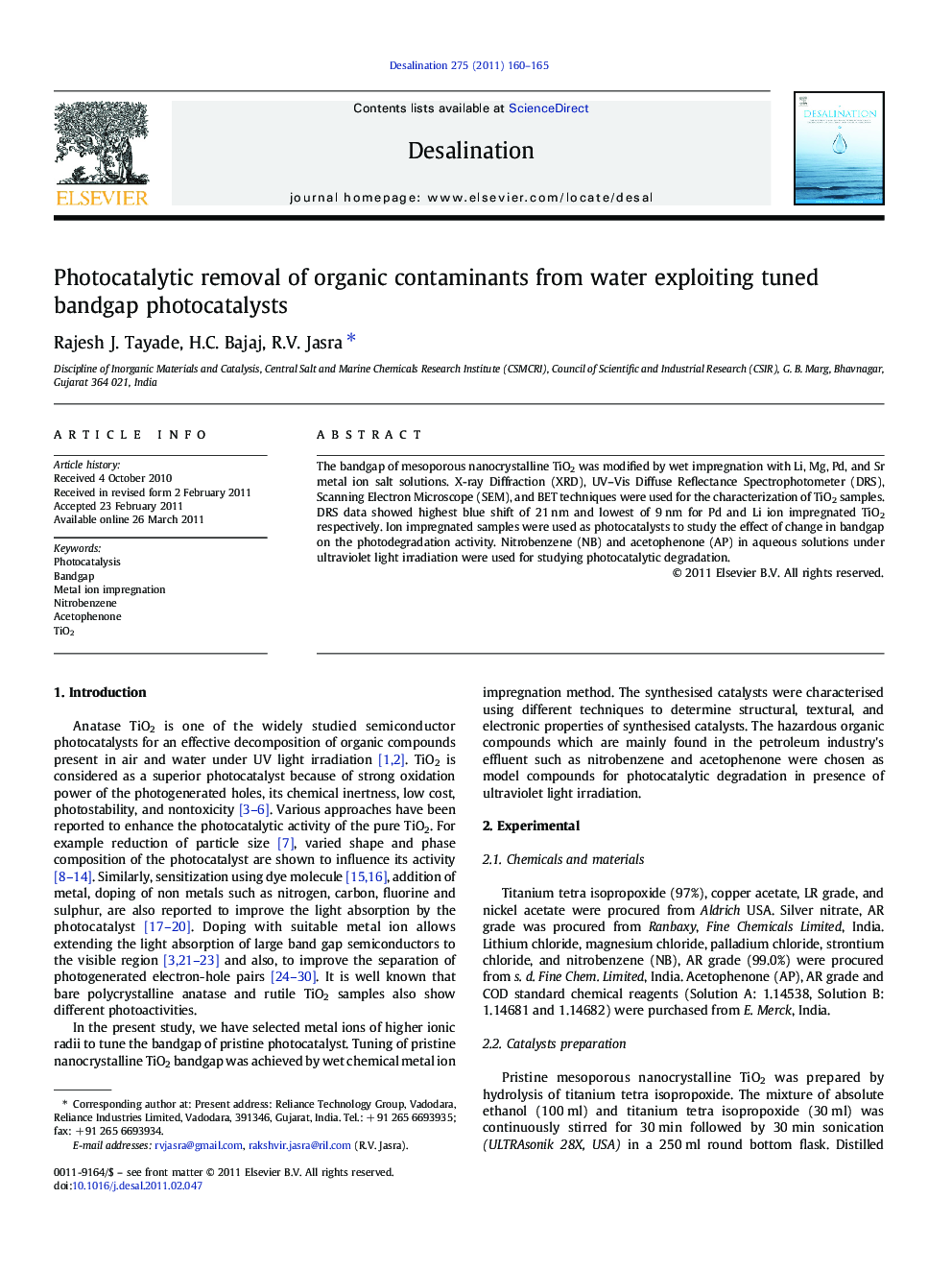 Photocatalytic removal of organic contaminants from water exploiting tuned bandgap photocatalysts