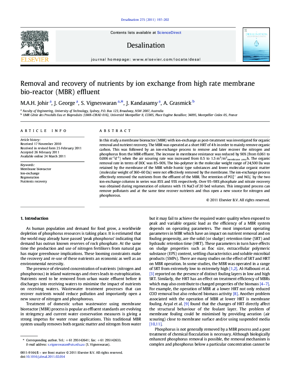 Removal and recovery of nutrients by ion exchange from high rate membrane bio-reactor (MBR) effluent