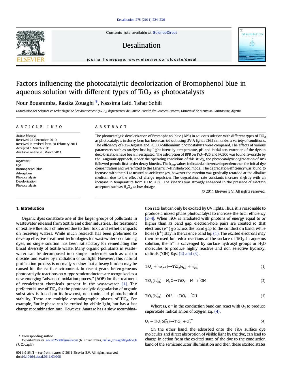 Factors influencing the photocatalytic decolorization of Bromophenol blue in aqueous solution with different types of TiO2 as photocatalysts