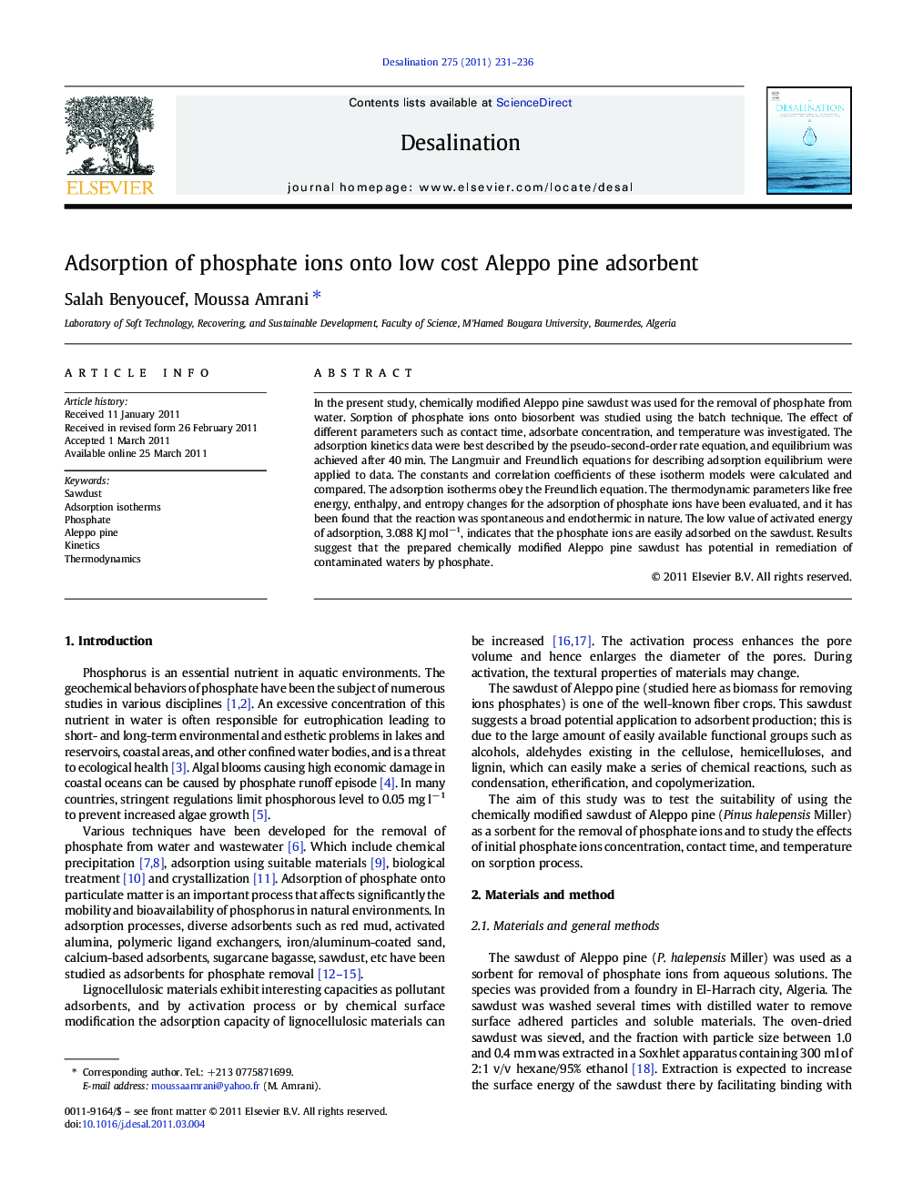 Adsorption of phosphate ions onto low cost Aleppo pine adsorbent